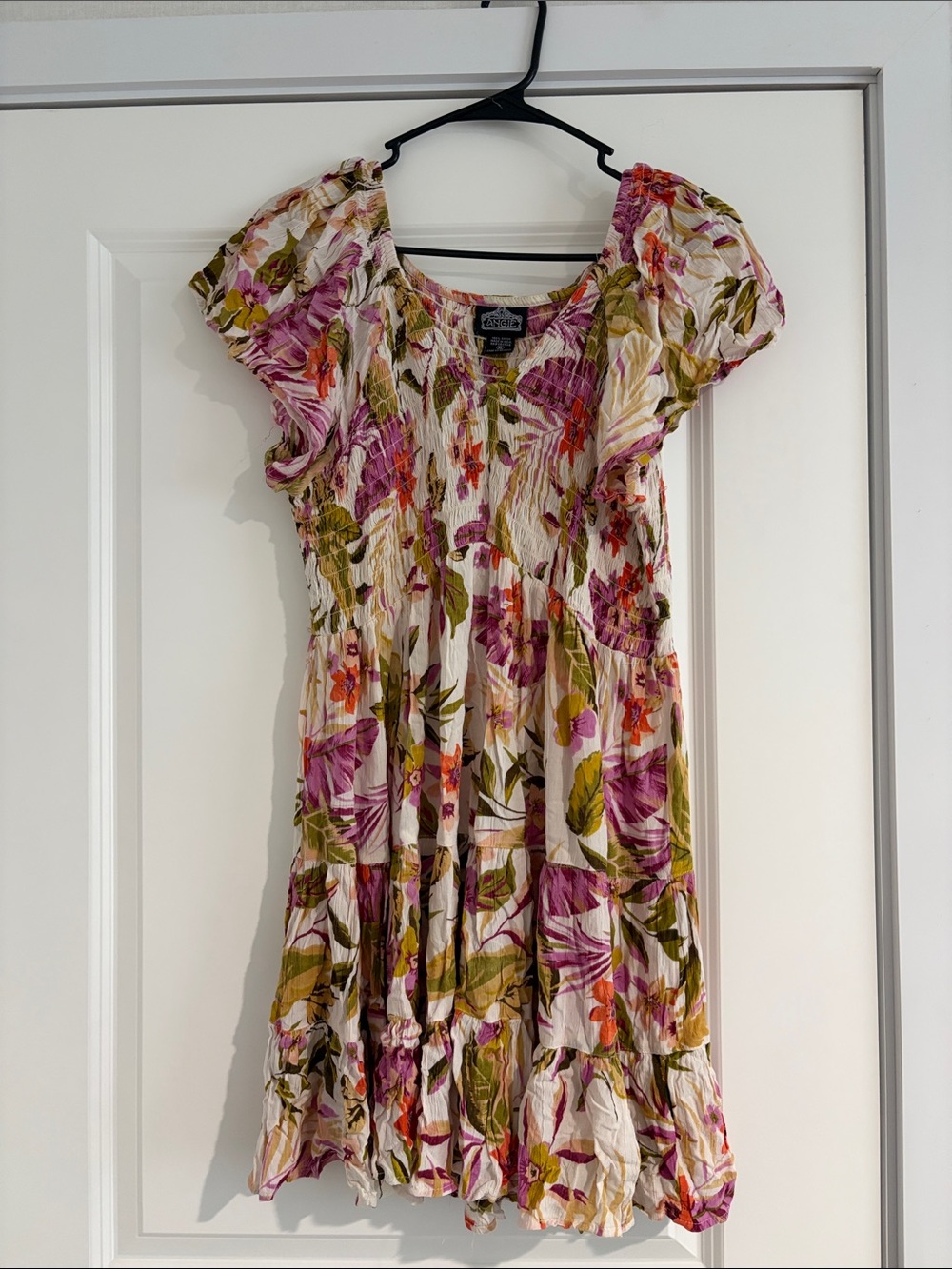 Floral Short Sleeve Tiered Dress — Pink & Green